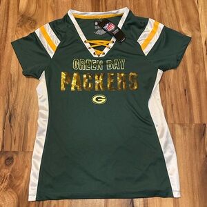 Green Bay Packers NFL Womens Sequin Lace Up Jersey Top Team Apparel NWT